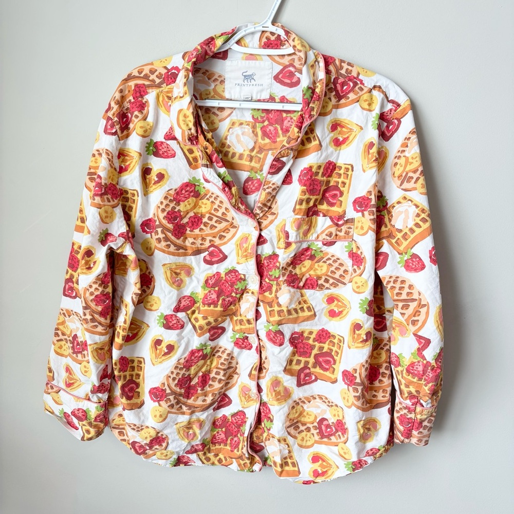 Printfresh White Pajama Top with Red Strawberry & Yellow Waffle Print
